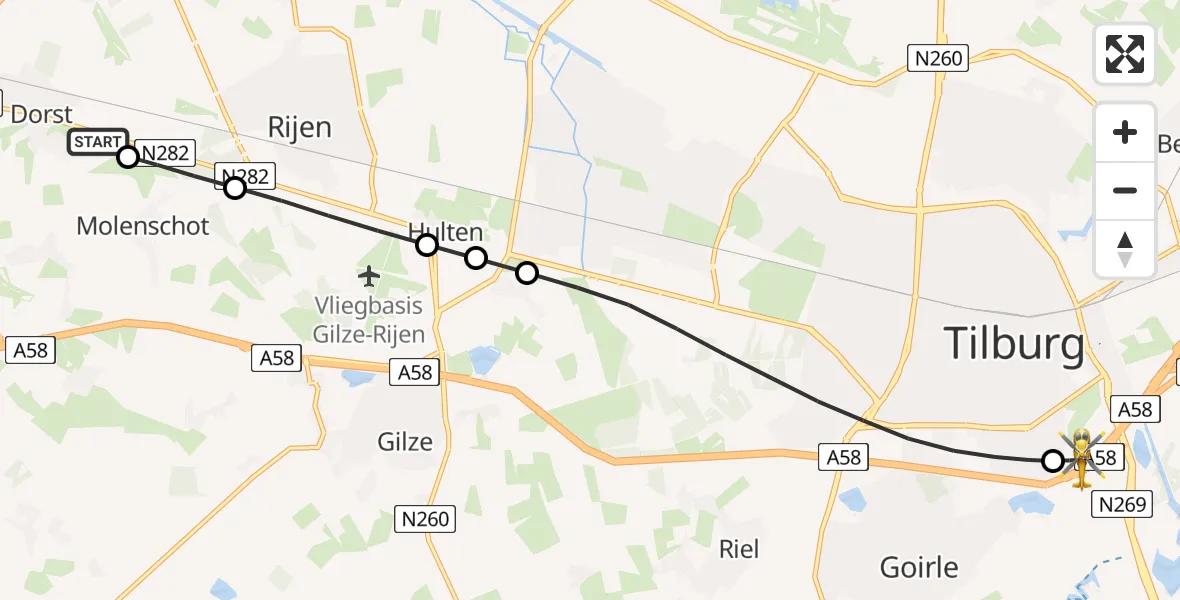 Vluchtroute Traumahelikopter van Dorst naar St. Elisabeth Hospital Heliport