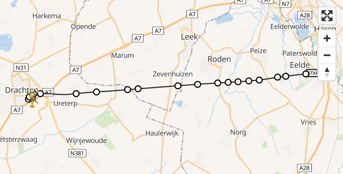 Vluchtroute Traumahelikopter van Groningen Airport Eelde naar Nij Smellinghe Hospital Heliport