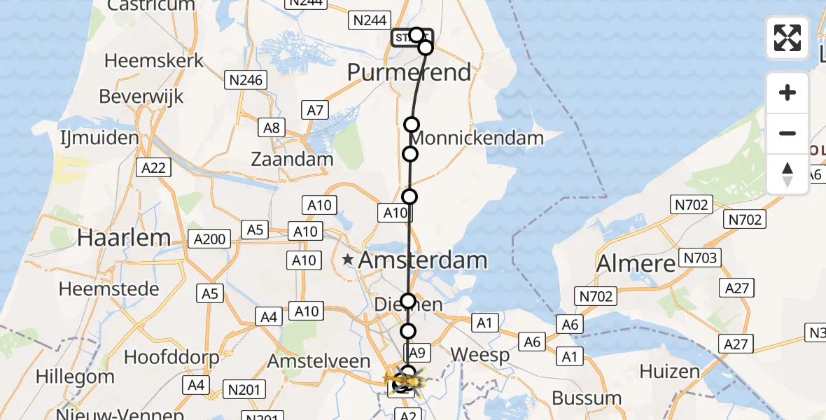 Vluchtroute Traumahelikopter van Purmerend naar Amsterdam UMC Helipad