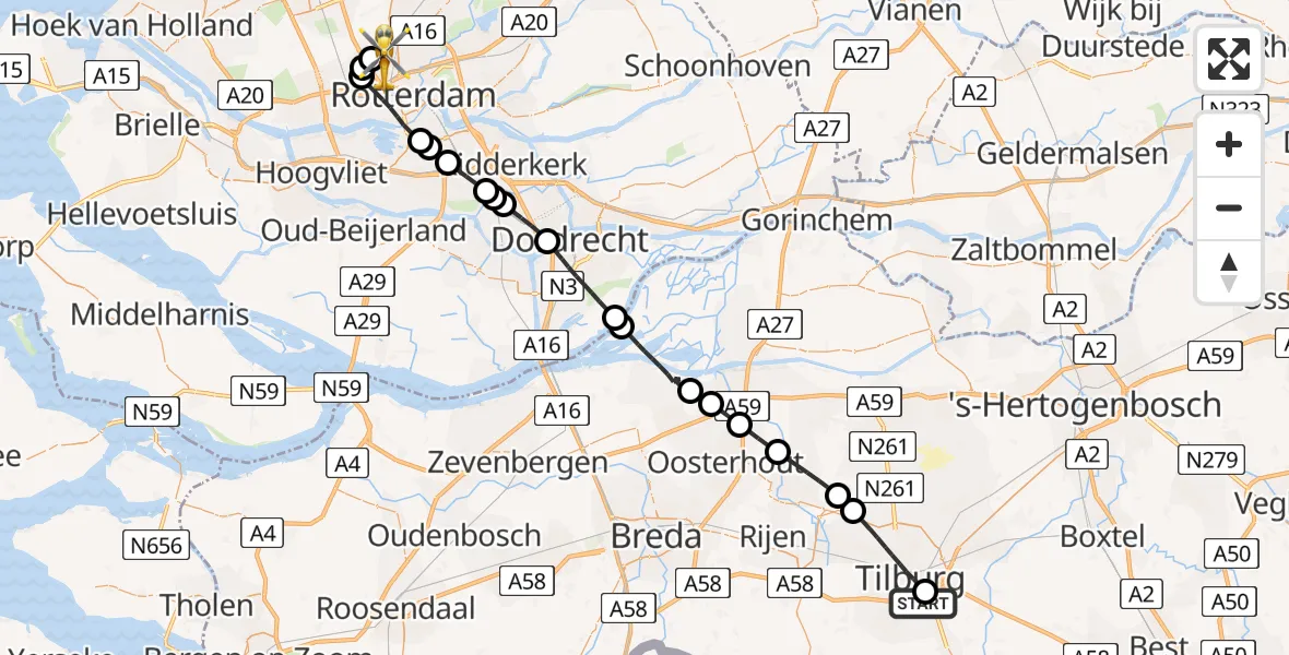 Vluchtroute Traumahelikopter van St. Elisabeth Hospital Heliport naar Rotterdam The Hague Airport