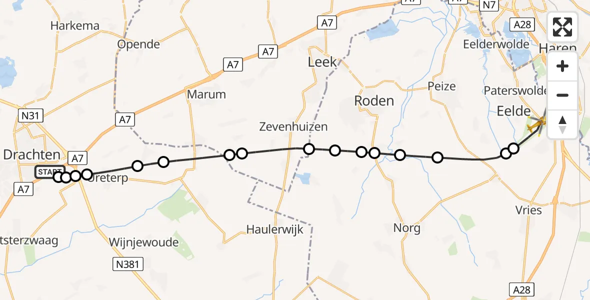 Vluchtroute Traumahelikopter van Nij Smellinghe Hospital Heliport naar Groningen Airport Eelde