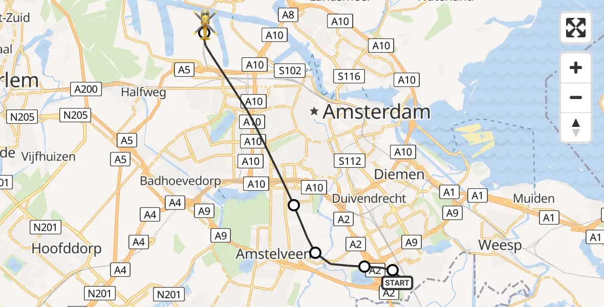 Vluchtroute Traumahelikopter van Amsterdam UMC Helipad naar Amsterdam Heliport