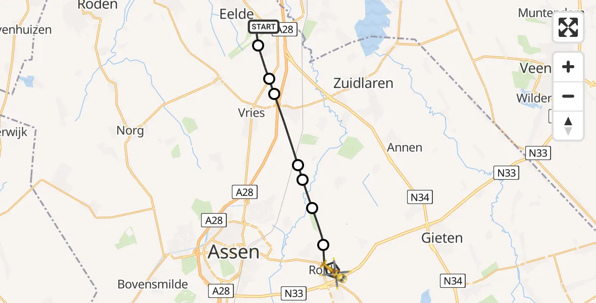 Vluchtroute Traumahelikopter van Groningen Airport Eelde naar Rolde
