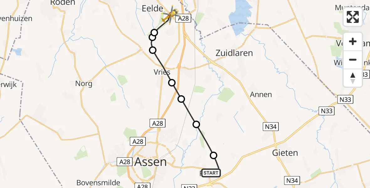 Vluchtroute Traumahelikopter van Rolde naar Groningen Airport Eelde