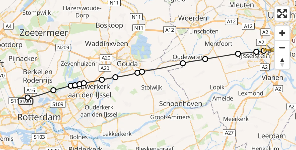 Vluchtroute Traumahelikopter van Rotterdam The Hague Airport naar Nieuwegein
