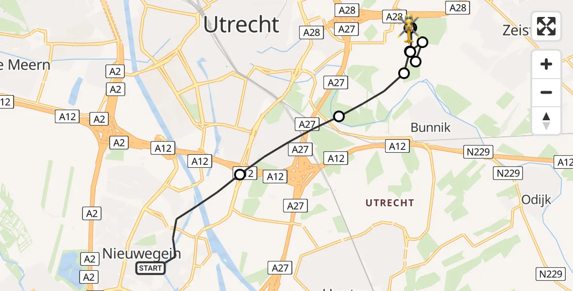 Vluchtroute Traumahelikopter van Nieuwegein naar University Medical Center Utrecht Heliport