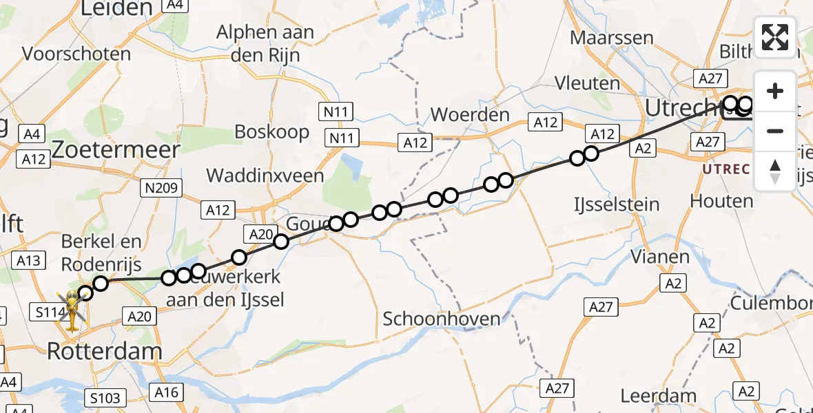 Vluchtroute Traumahelikopter van Universitair Medisch Centrum Utrecht naar Rotterdam The Hague Airport