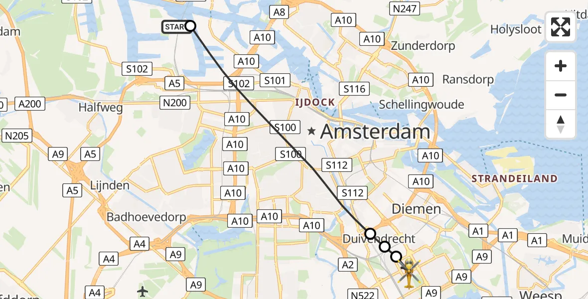 Vluchtroute Traumahelikopter van Amsterdam Heliport naar Amsterdam