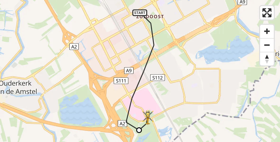 Vluchtroute Traumahelikopter van Amsterdam naar Amsterdam UMC Helipad