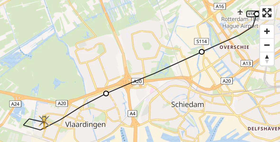 Vluchtroute Traumahelikopter van Rotterdam The Hague Airport naar Vlaardingen