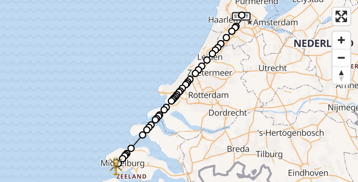 Vluchtroute Traumahelikopter van Amsterdam Heliport naar Koudekerke