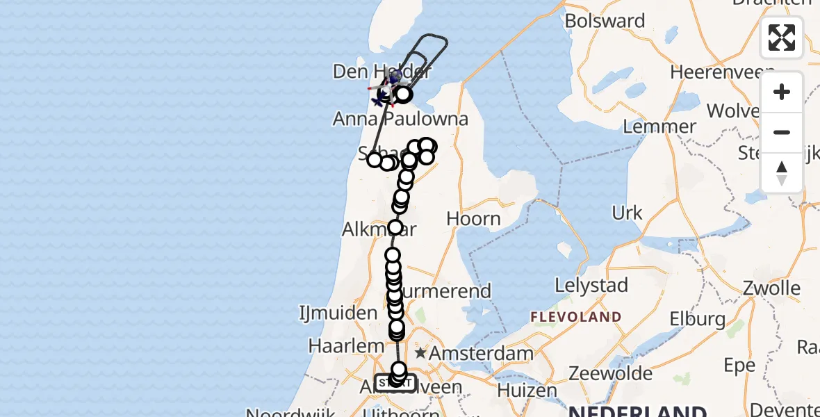 Vluchtroute Politiehelikopter van Amsterdam Vliegveld Schiphol naar Militair vliegveld De Kooy / Den Helder Airport