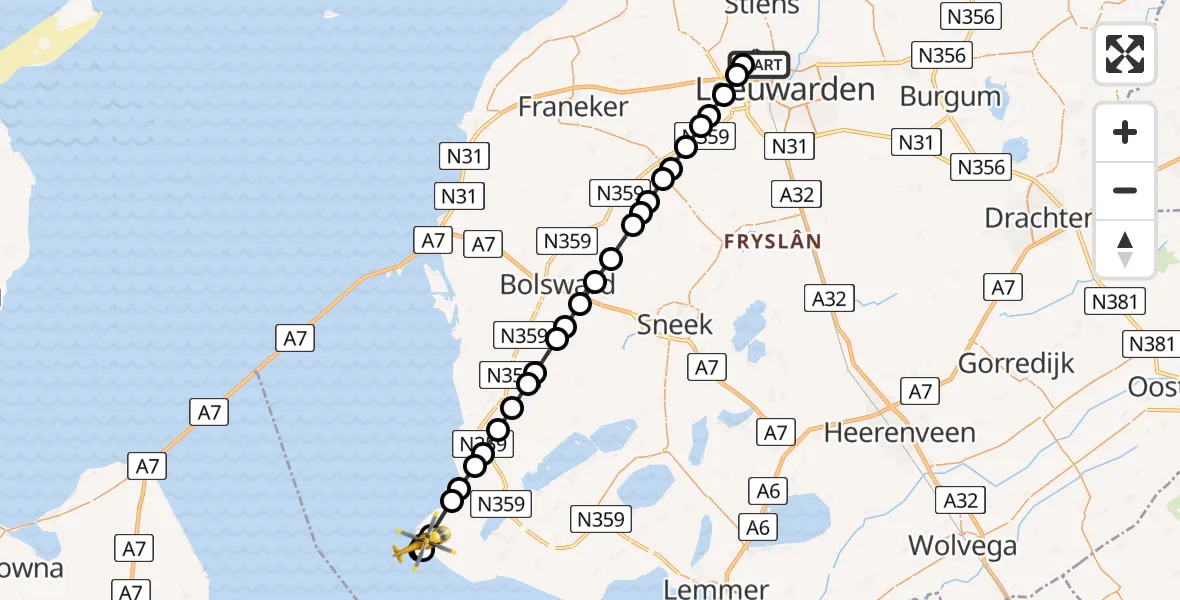 Vluchtroute Ambulancehelikopter van Vliegbasis Leeuwarden naar IJsselmeer