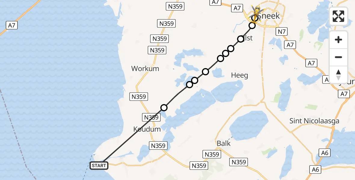 Vluchtroute Ambulancehelikopter van Stavoren naar Antonius Hospital Heliport