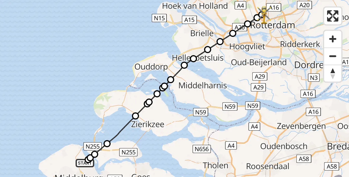 Vluchtroute Traumahelikopter van Gapinge naar Rotterdam The Hague Airport