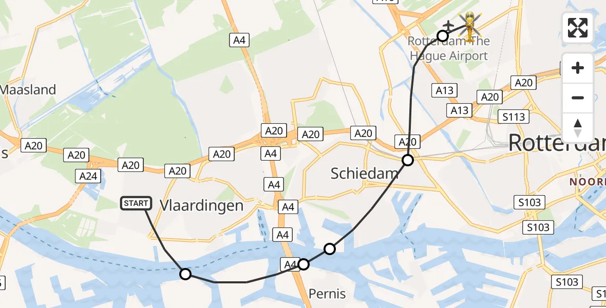 Vluchtroute Traumahelikopter van Vlaardingen naar Rotterdam The Hague Airport