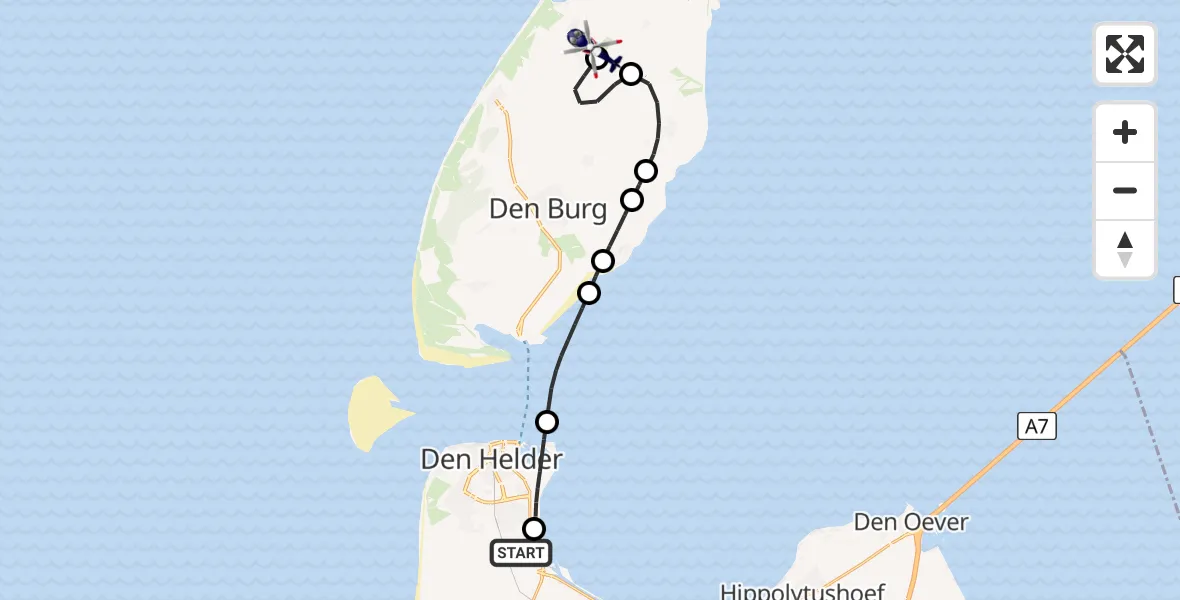 Vluchtroute Politiehelikopter van Militair vliegveld De Kooy / Den Helder Airport naar Texel International Airport