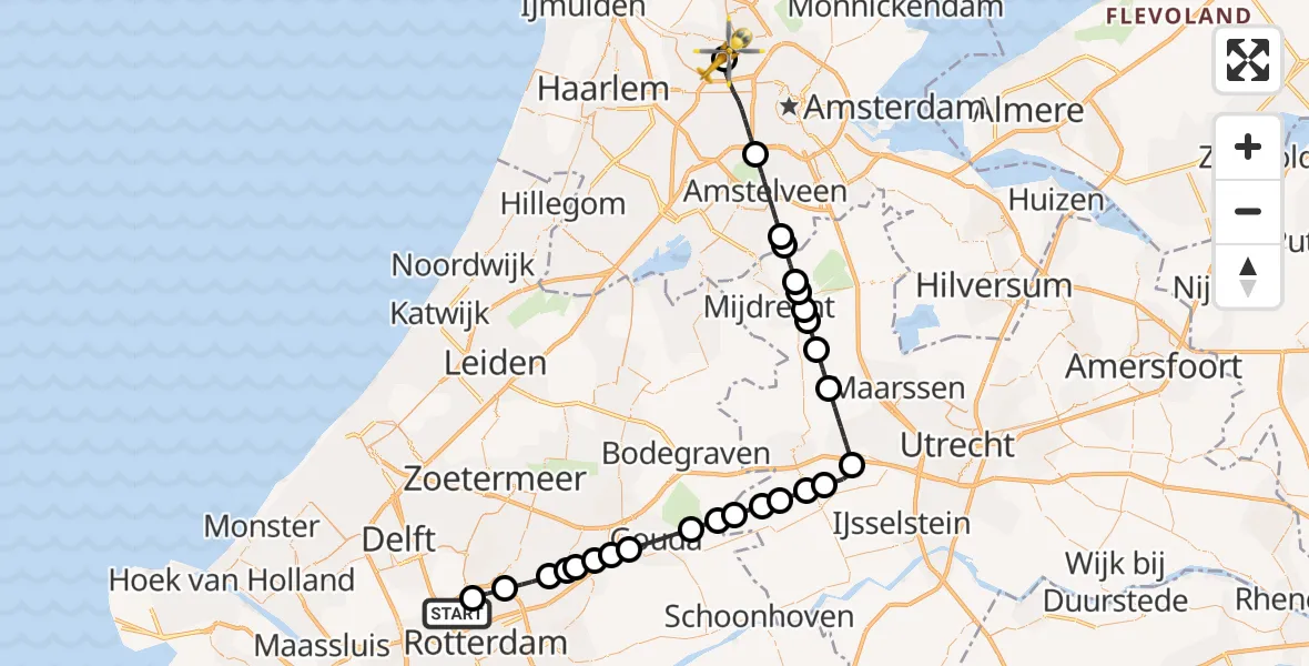 Vluchtroute Traumahelikopter van Rotterdam The Hague Airport naar Amsterdam Heliport