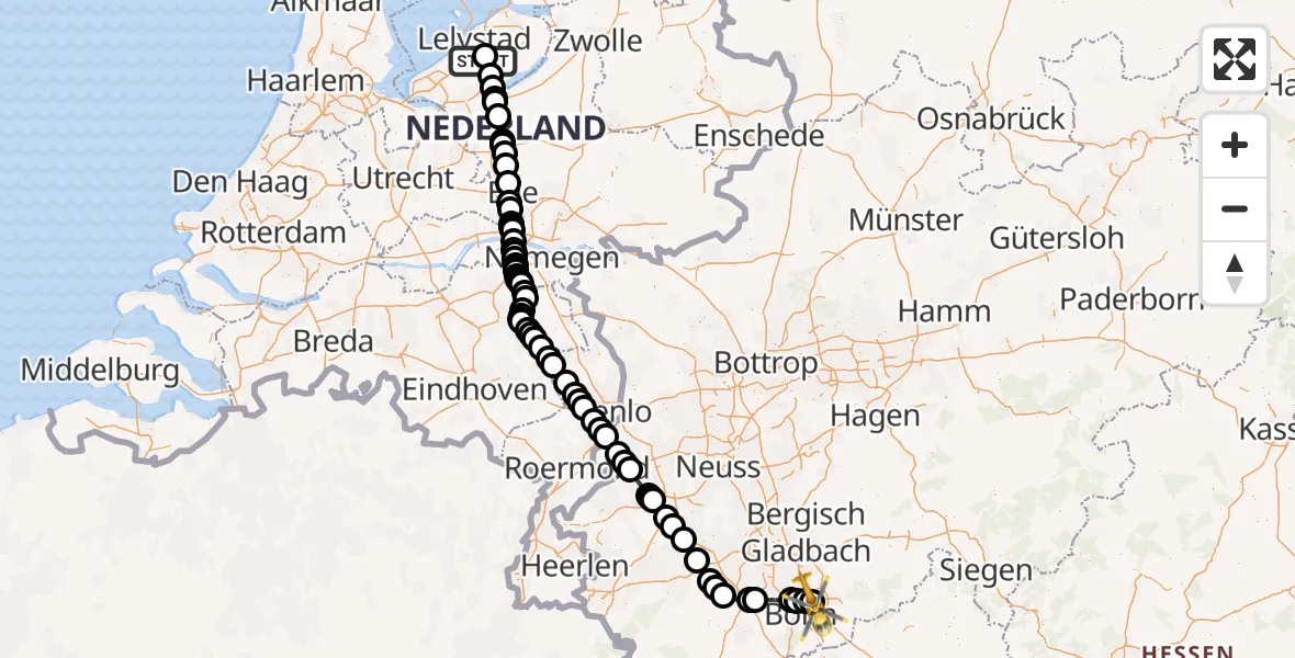 Vluchtroute Traumahelikopter van Lelystad Airport naar Bonn-Hangelar Flugplatz