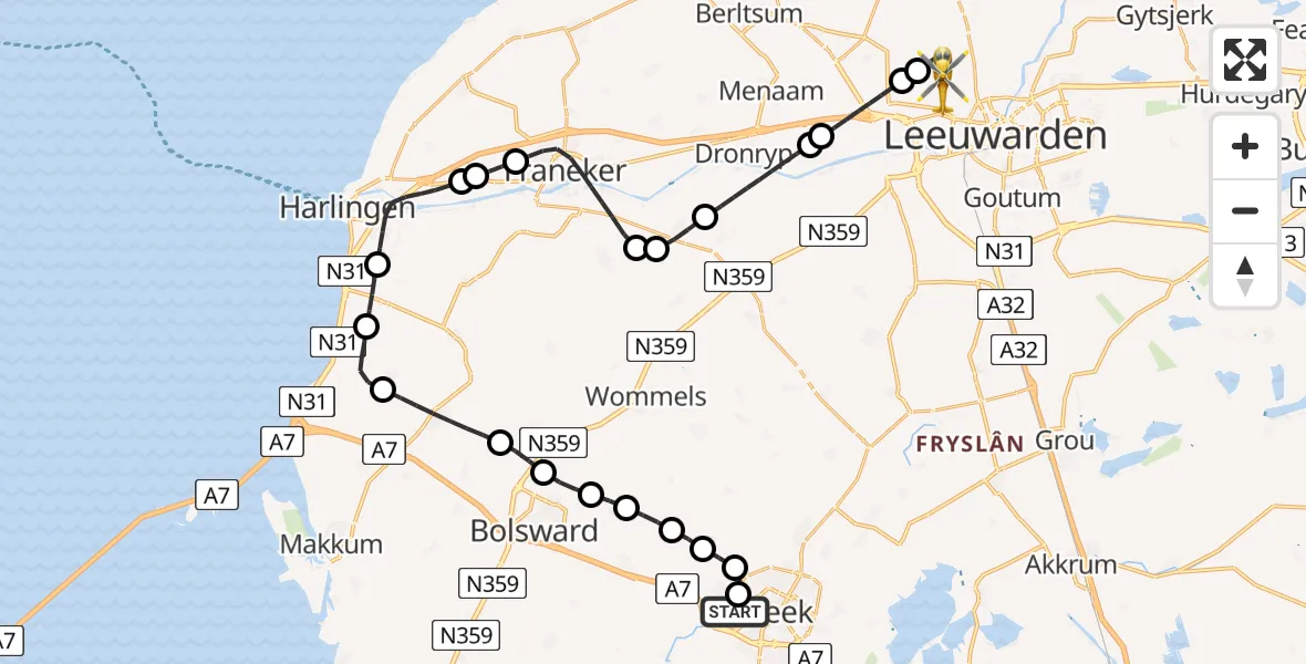 Vluchtroute Ambulancehelikopter van Antonius Hospital Heliport naar Vliegbasis Leeuwarden