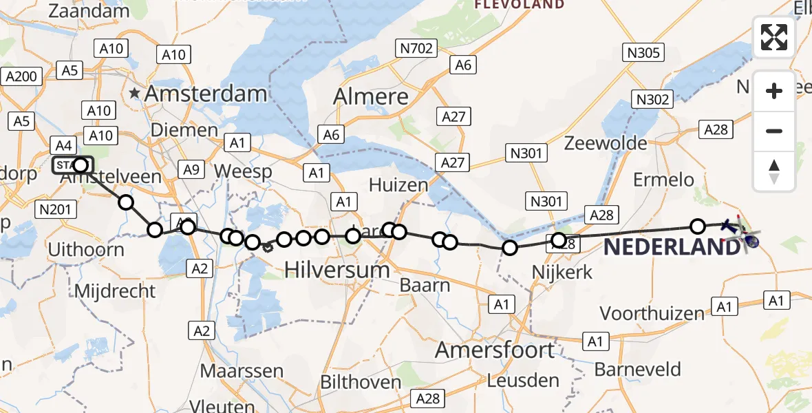 Vluchtroute Politiehelikopter van Amsterdam Vliegveld Schiphol naar Ermelo
