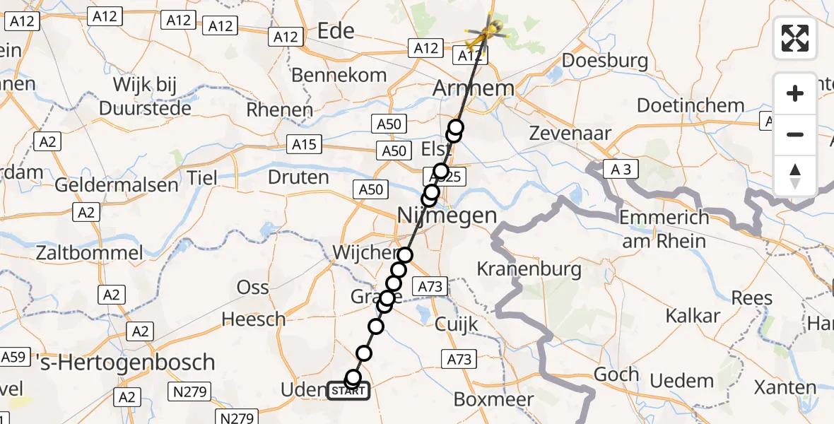 Vluchtroute Traumahelikopter van Vliegbasis Volkel naar Arnhem