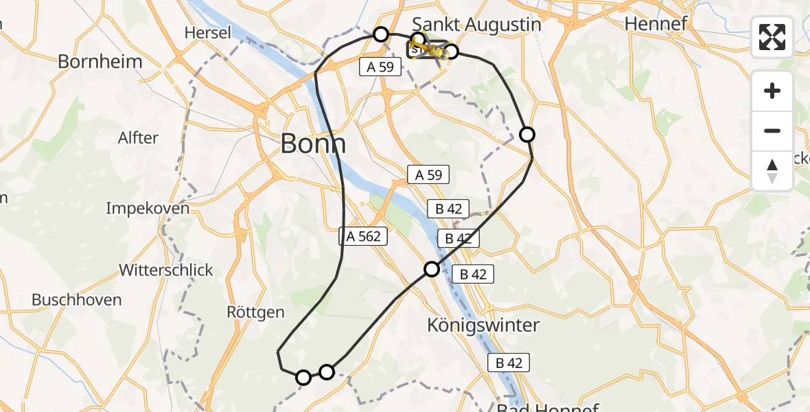 Vluchtroute Traumahelikopter van Bonn-Hangelar Flugplatz naar Bonn-Hangelar Flugplatz