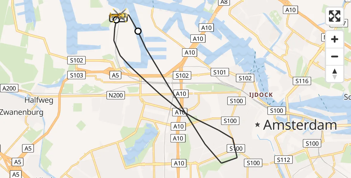 Vluchtroute Traumahelikopter van Amsterdam Heliport naar Amsterdam Heliport