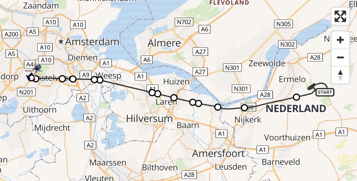 Vluchtroute Politiehelikopter van Ermelo naar Amsterdam Vliegveld Schiphol