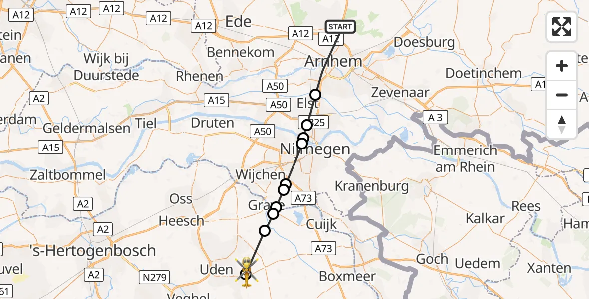 Vluchtroute Traumahelikopter van Arnhem naar Vliegbasis Volkel