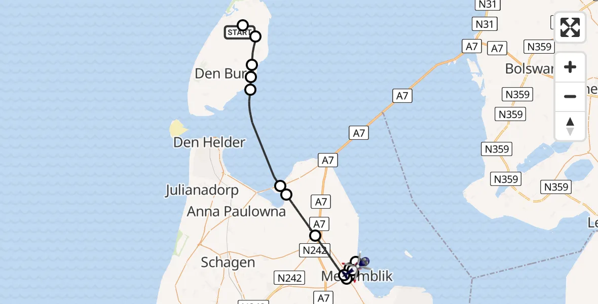 Vluchtroute Politiehelikopter van Texel International Airport naar Wieringerwerf