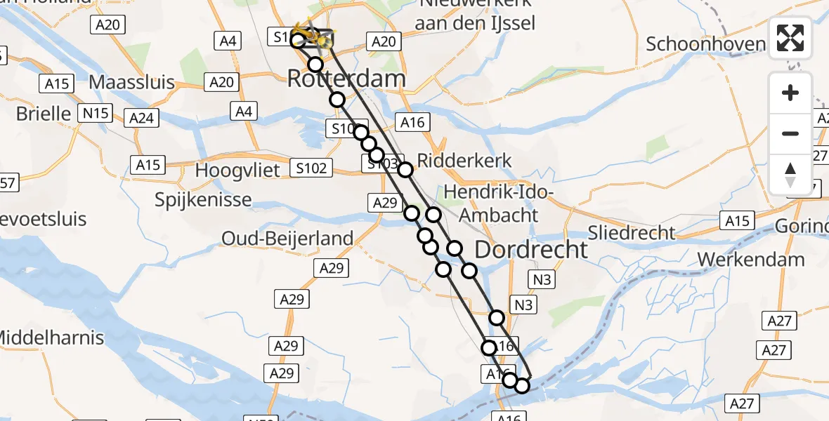 Vluchtroute Traumahelikopter van Rotterdam The Hague Airport naar Rotterdam The Hague Airport