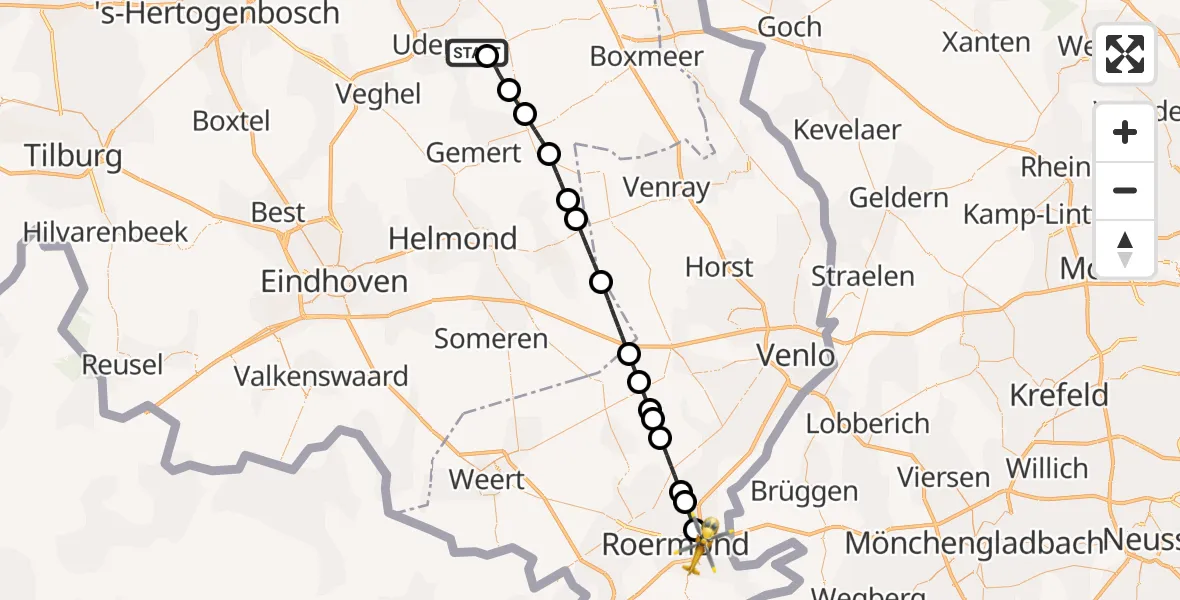 Vluchtroute Traumahelikopter van Vliegbasis Volkel naar Roermond
