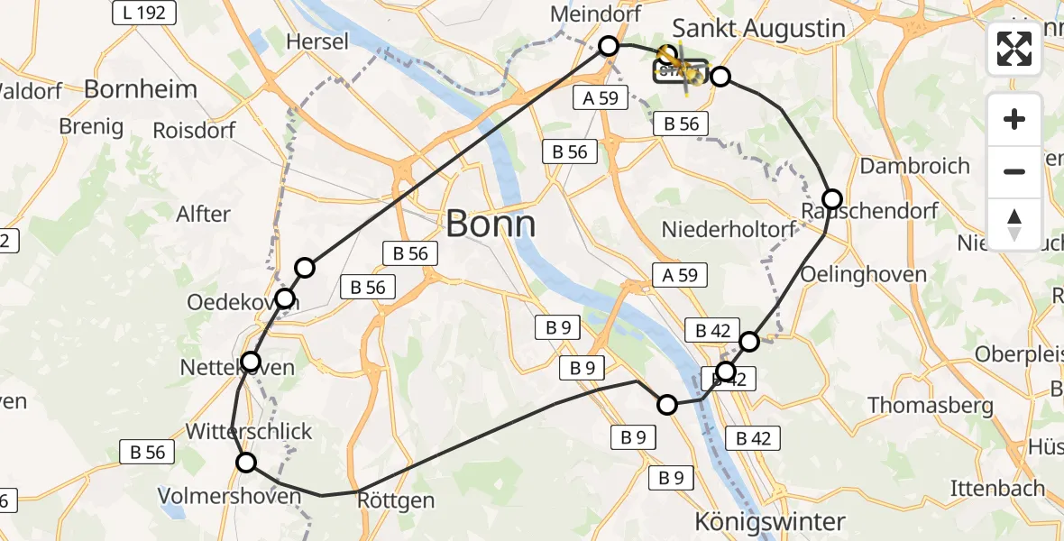 Vluchtroute Traumahelikopter van Bonn-Hangelar Flugplatz naar Bonn-Hangelar Flugplatz