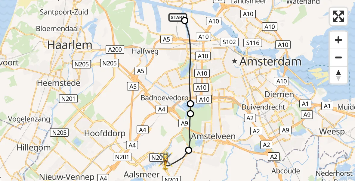 Vluchtroute Traumahelikopter van Amsterdam Heliport naar Aalsmeer