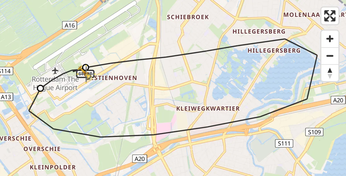 Vluchtroute Traumahelikopter van Rotterdam The Hague Airport naar Rotterdam The Hague Airport