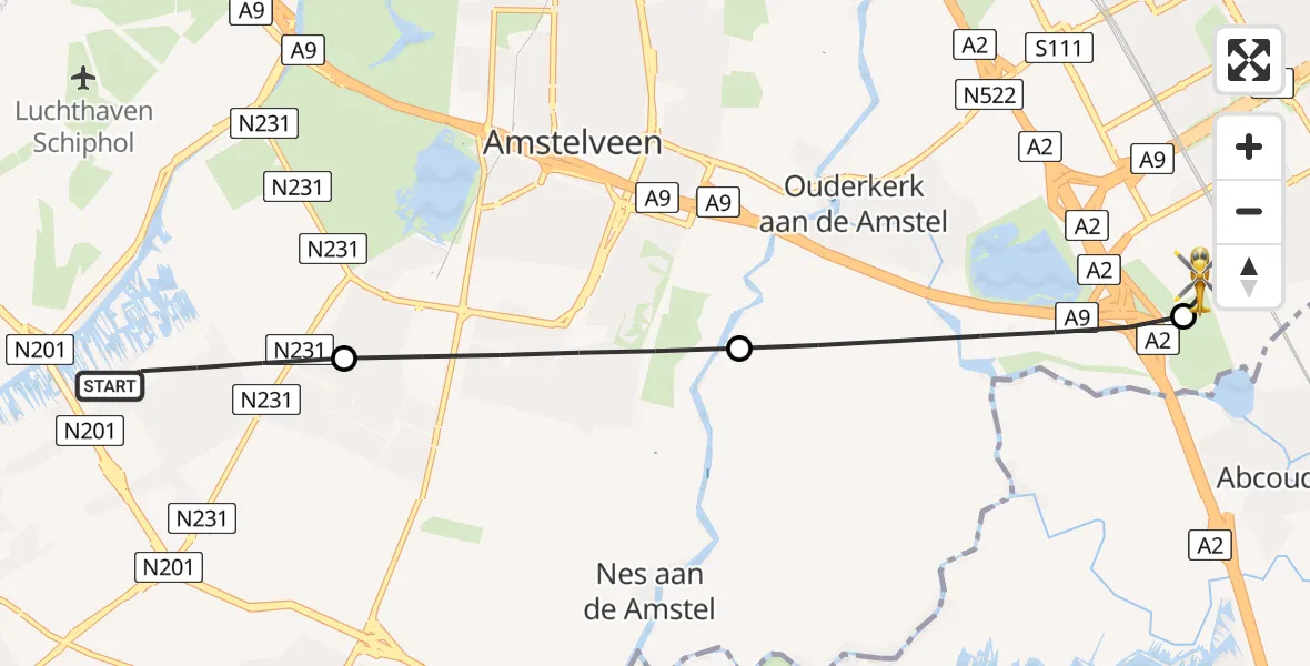 Vluchtroute Traumahelikopter van Aalsmeer naar Amsterdam UMC Helipad
