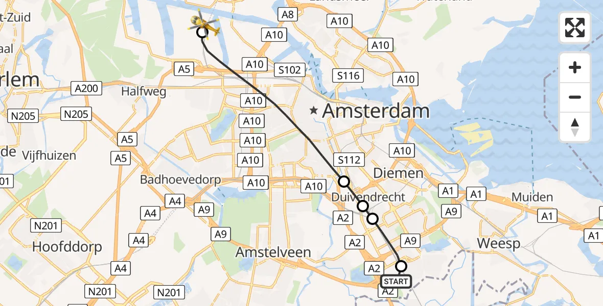 Vluchtroute Traumahelikopter van Amsterdam UMC Helipad naar Amsterdam Heliport