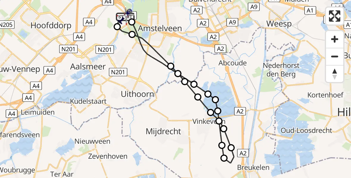 Vluchtroute Politiehelikopter van Amsterdam Vliegveld Schiphol naar Amsterdam Vliegveld Schiphol