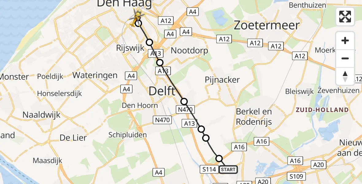 Vluchtroute Traumahelikopter van Rotterdam The Hague Airport naar 's-Gravenhage