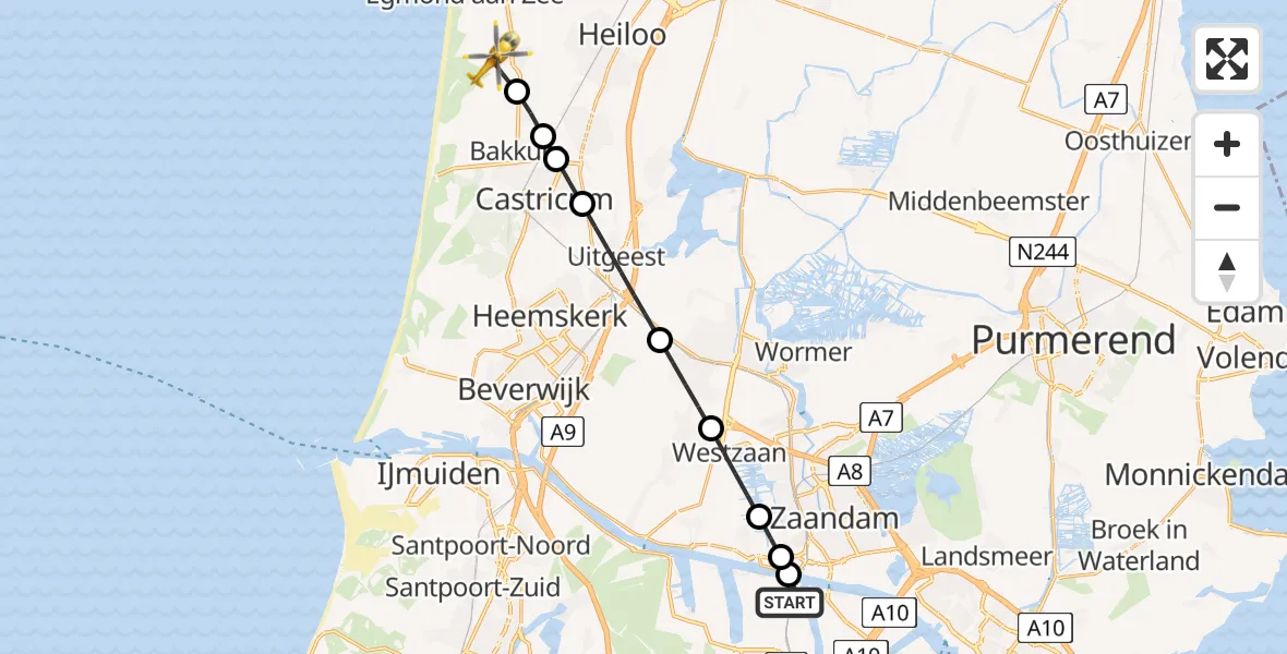 Vluchtroute Traumahelikopter van Amsterdam Heliport naar Egmond-Binnen
