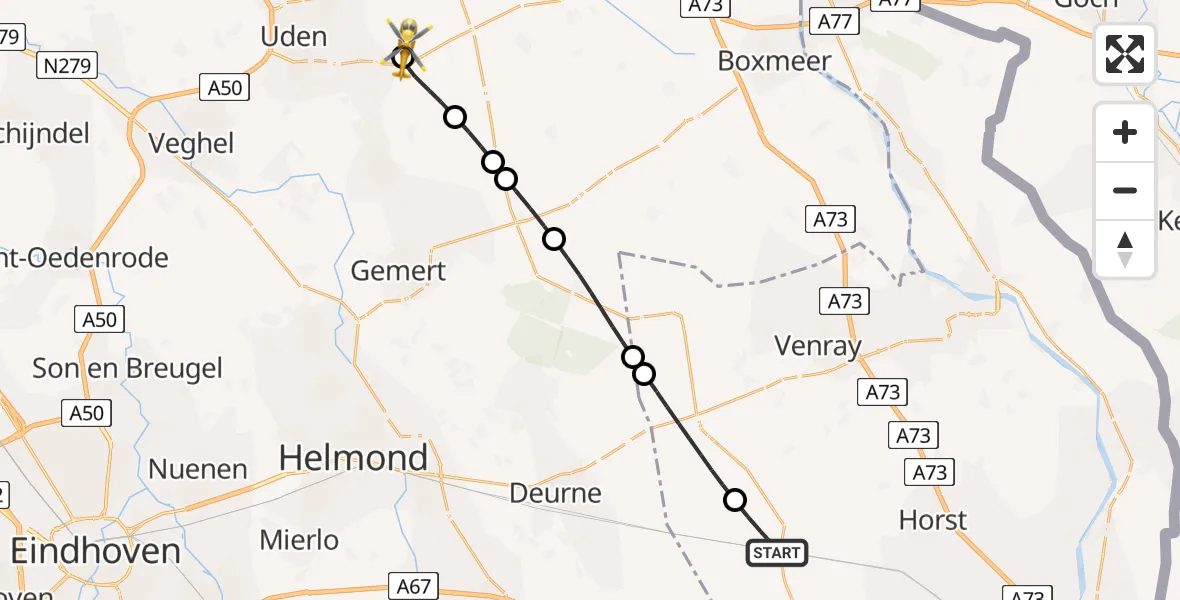 Vluchtroute Traumahelikopter van America naar Vliegbasis Volkel