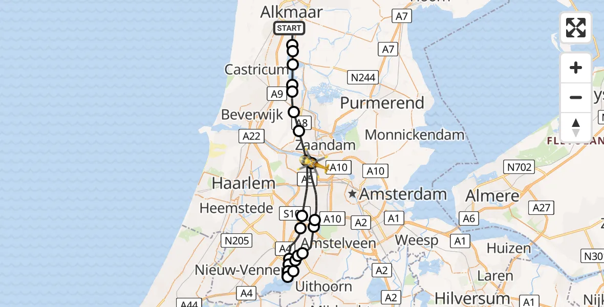 Vluchtroute Traumahelikopter van Alkmaar naar Amsterdam Heliport