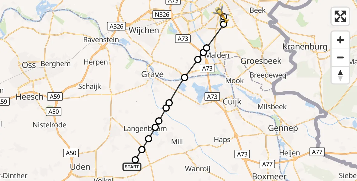 Vluchtroute Traumahelikopter van Vliegbasis Volkel naar Radboud University Medical Center Heliport