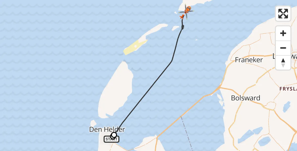 Vluchtroute Kustwachthelikopter van Militair vliegveld De Kooy / Den Helder Airport naar Waddenzee
