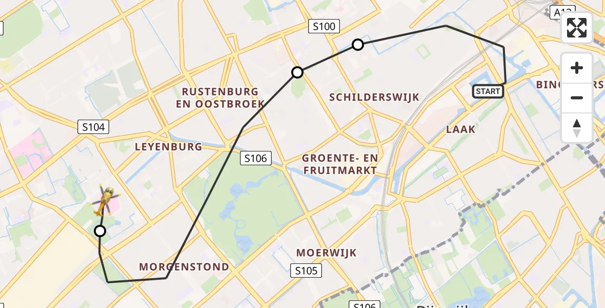 Vluchtroute Traumahelikopter van 's-Gravenhage naar HagaZiekenhuis Den Haag Heliport