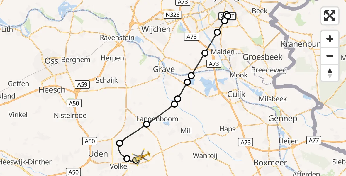 Vluchtroute Traumahelikopter van Radboud Universitair Medisch Centrum naar Vliegbasis Volkel