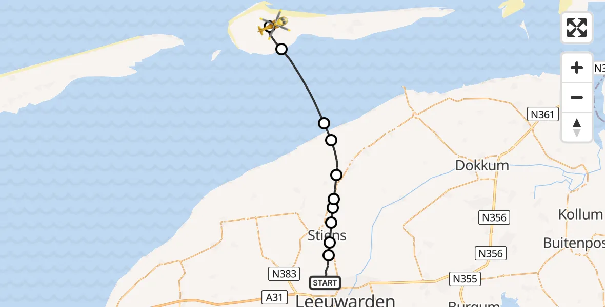 Vluchtroute Ambulancehelikopter van Vliegbasis Leeuwarden naar Ameland Vliegveld Ballum