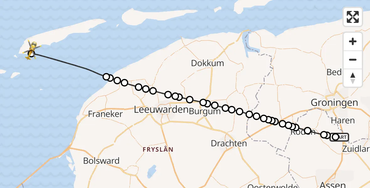 Vluchtroute Traumahelikopter van Groningen Airport Eelde naar West-Terschelling