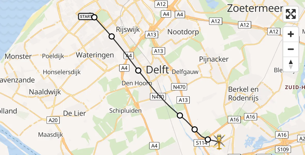Vluchtroute Traumahelikopter van HagaZiekenhuis Den Haag Heliport naar Rotterdam The Hague Airport